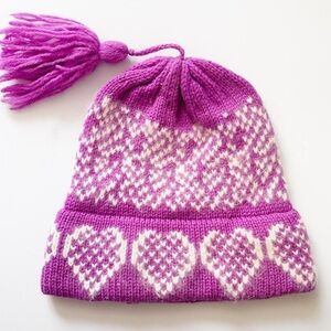 Kids Knitted Heart Beanie - purple and White Vintage Wool